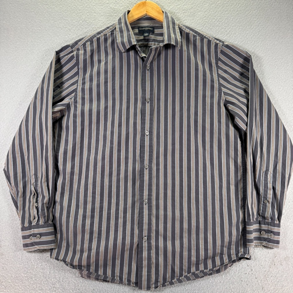 Banana Republic Button Up Shirt Mens Large 16-16.5 Gray Stripe Comfort Classic